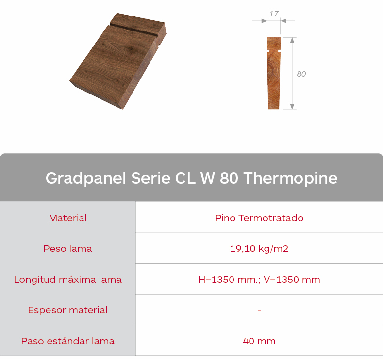 Características lama de madera de pino Gradpanel Serie CL W 80 Thermopine